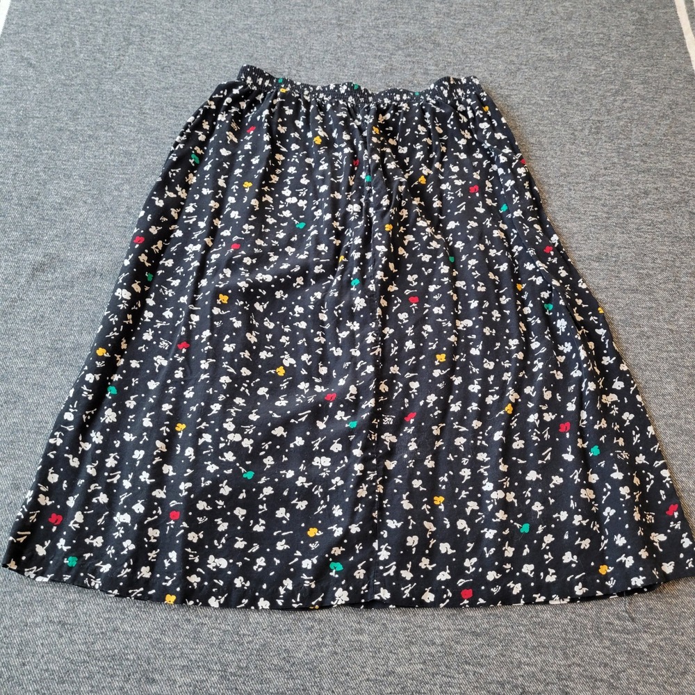 Vintage Russ Black Floral Midi Skirt Made in USA Stretch Waist Pockets Size 16